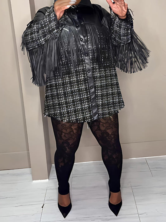 Faux Leather Trim Tweed Shacket laseze