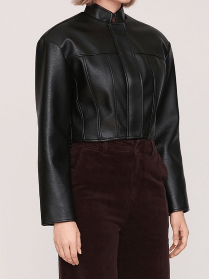 Faux Leather Women's Wide Shoulder Cropped Jacket laseze