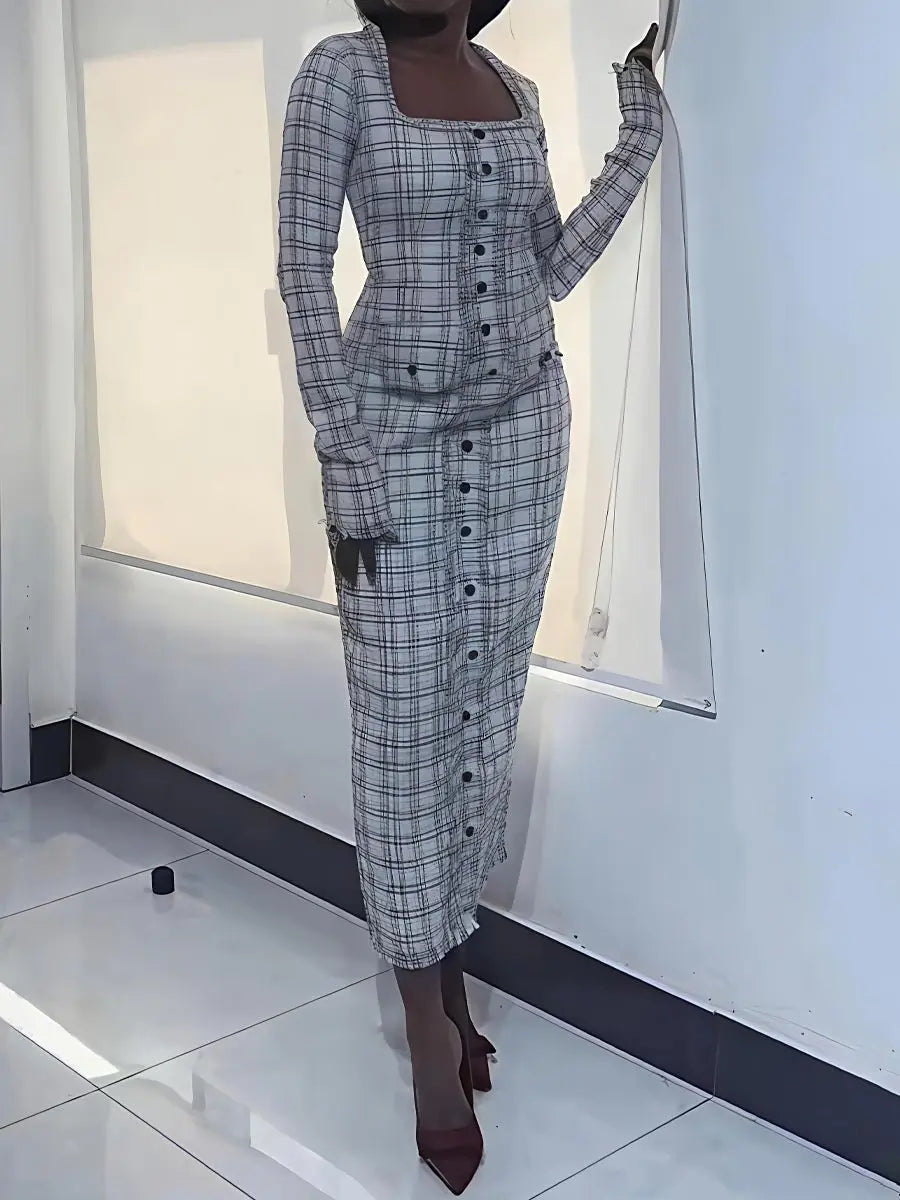 Faux Pearl Square Collar Tweed Dress laseze