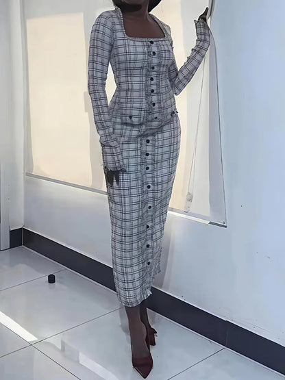 Faux Pearl Square Collar Tweed Dress laseze