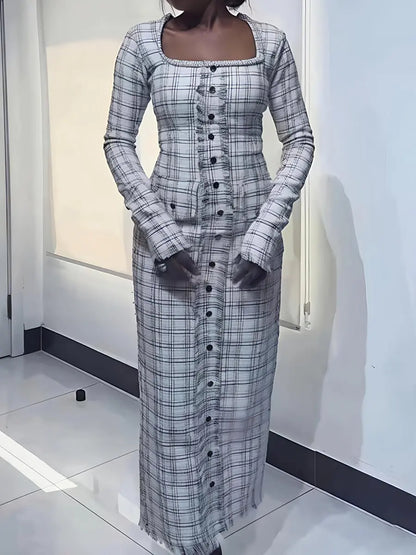 Faux Pearl Square Collar Tweed Dress laseze