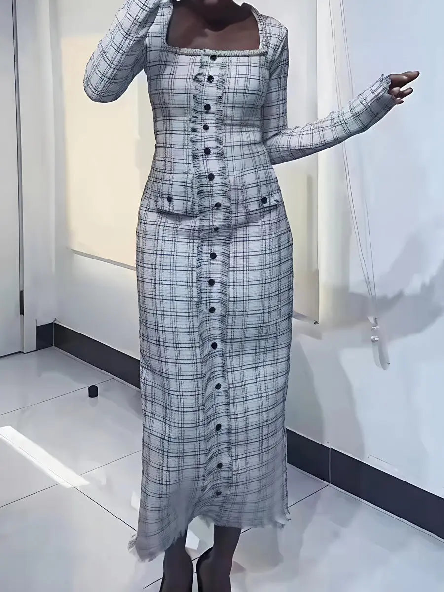 Faux Pearl Square Collar Tweed Dress laseze