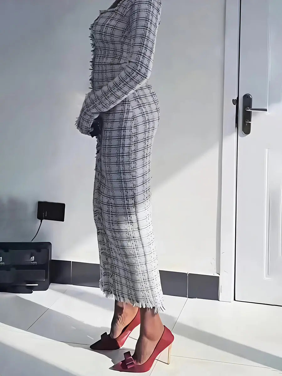 Faux Pearl Square Collar Tweed Dress laseze