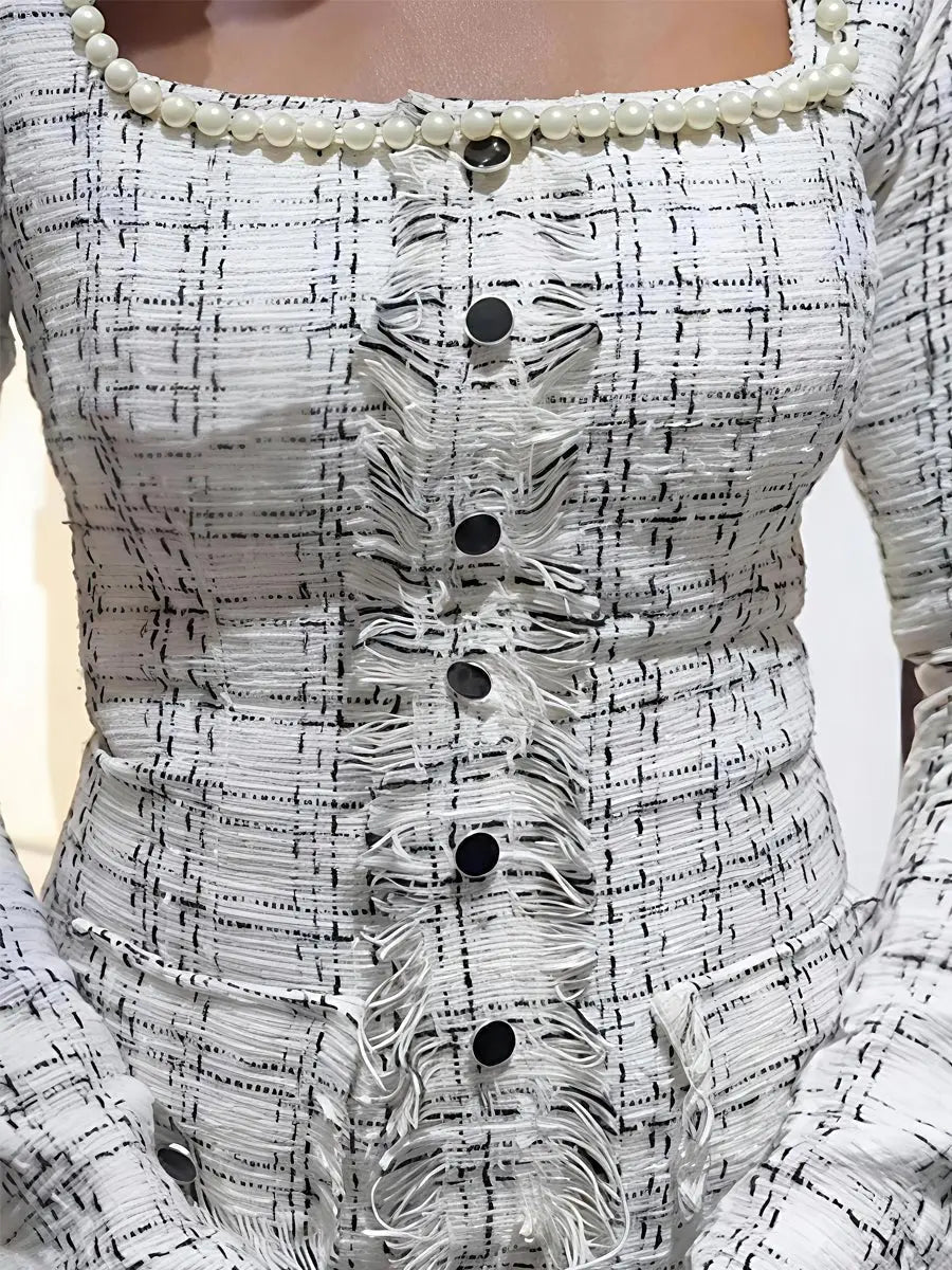 Faux Pearl Square Collar Tweed Dress laseze