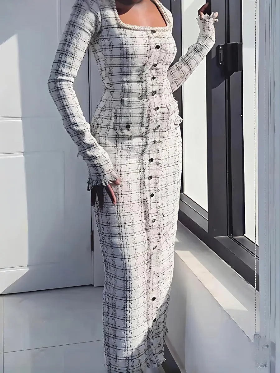 Faux Pearl Square Collar Tweed Dress laseze