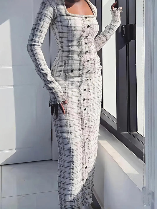 Faux Pearl Square Collar Tweed Dress laseze