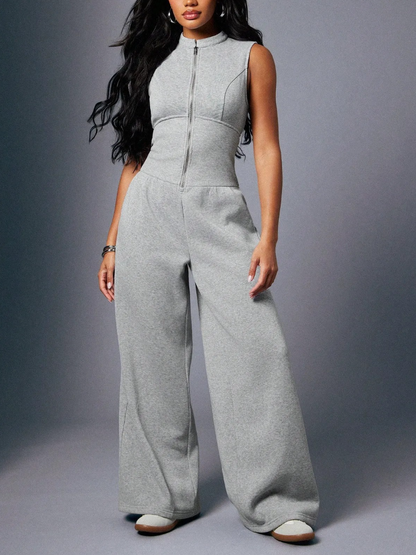 Urban Chic | Grey Zip-Front Wide-Leg Sleeveless Jumpsuit