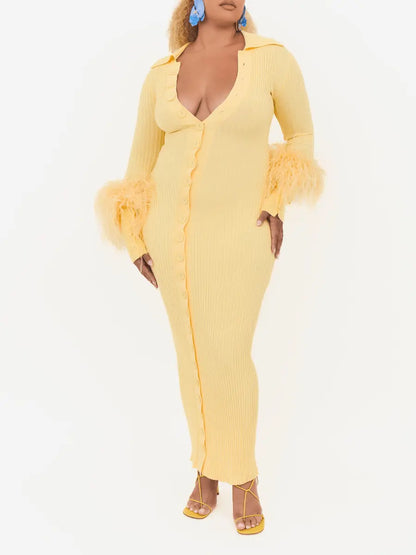 Feather-Embellished Cuff Knit Dress laseze