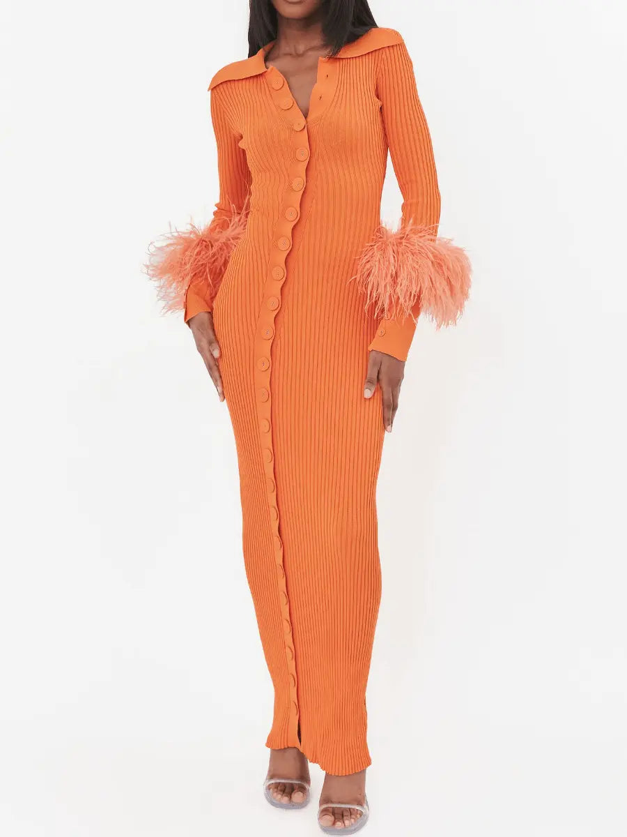 Feather-Embellished Cuff Knit Dress laseze