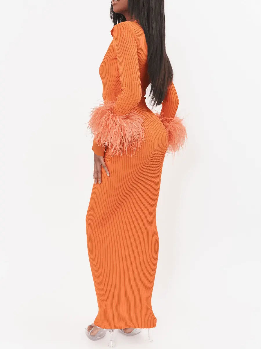 Feather-Embellished Cuff Knit Dress laseze