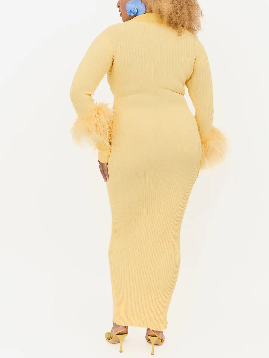 Feather-Embellished Cuff Knit Dress laseze