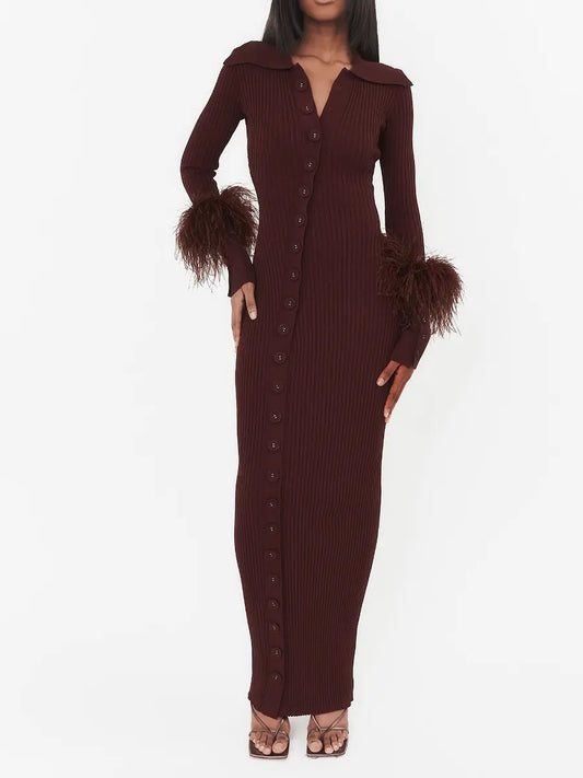 Feather-Embellished Cuff Knit Dress laseze