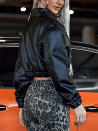 Fit Lapel Collar PU Leather Jacket laseze