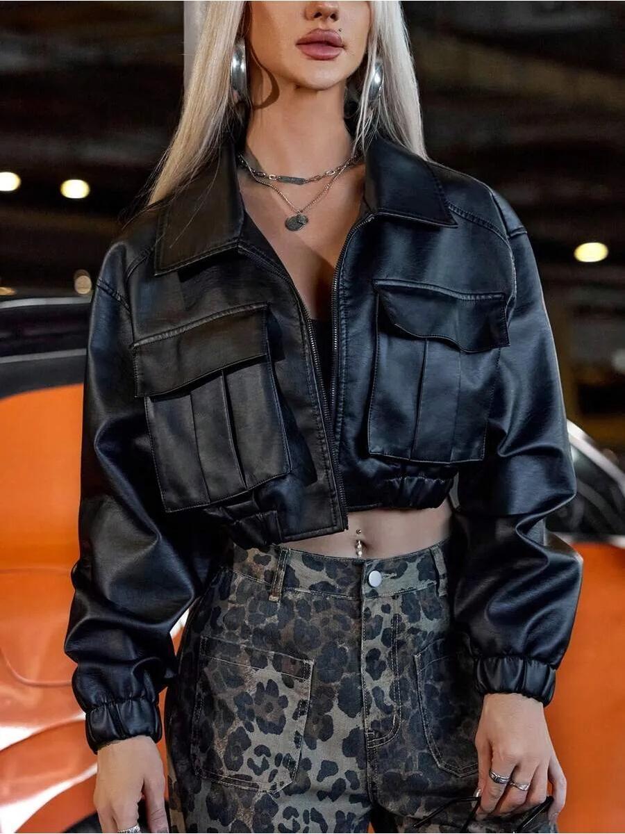 Fit Lapel Collar PU Leather Jacket laseze