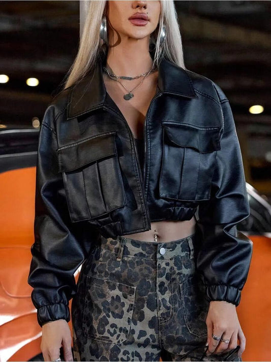 Fit Lapel Collar PU Leather Jacket laseze