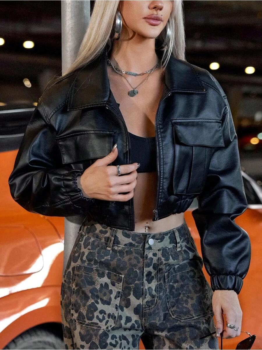 Fit Lapel Collar PU Leather Jacket laseze