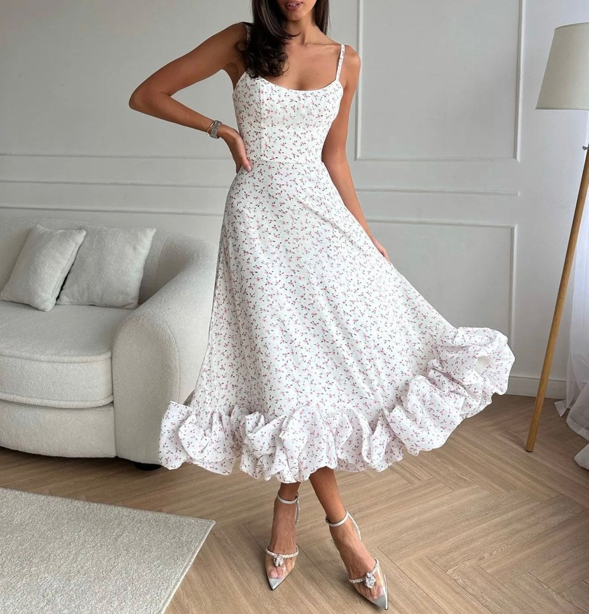 Floral Print Pleated Halter Dress - laseze