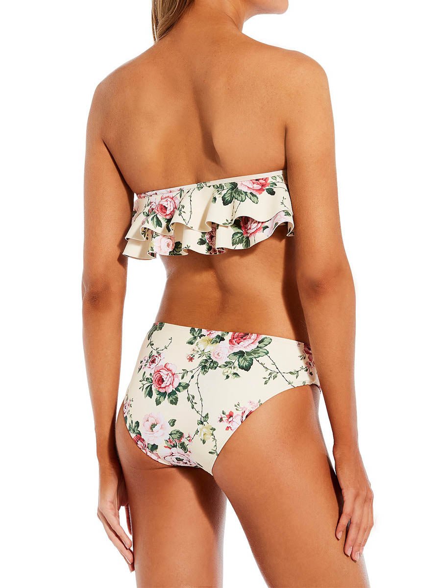Floral Print Ruffle Bandeau Swim Top & High Waisted Swim Bottom - laseze