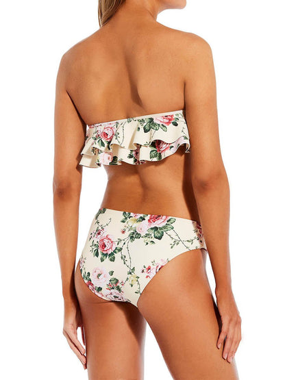 Floral Print Ruffle Bandeau Swim Top & High Waisted Swim Bottom - laseze