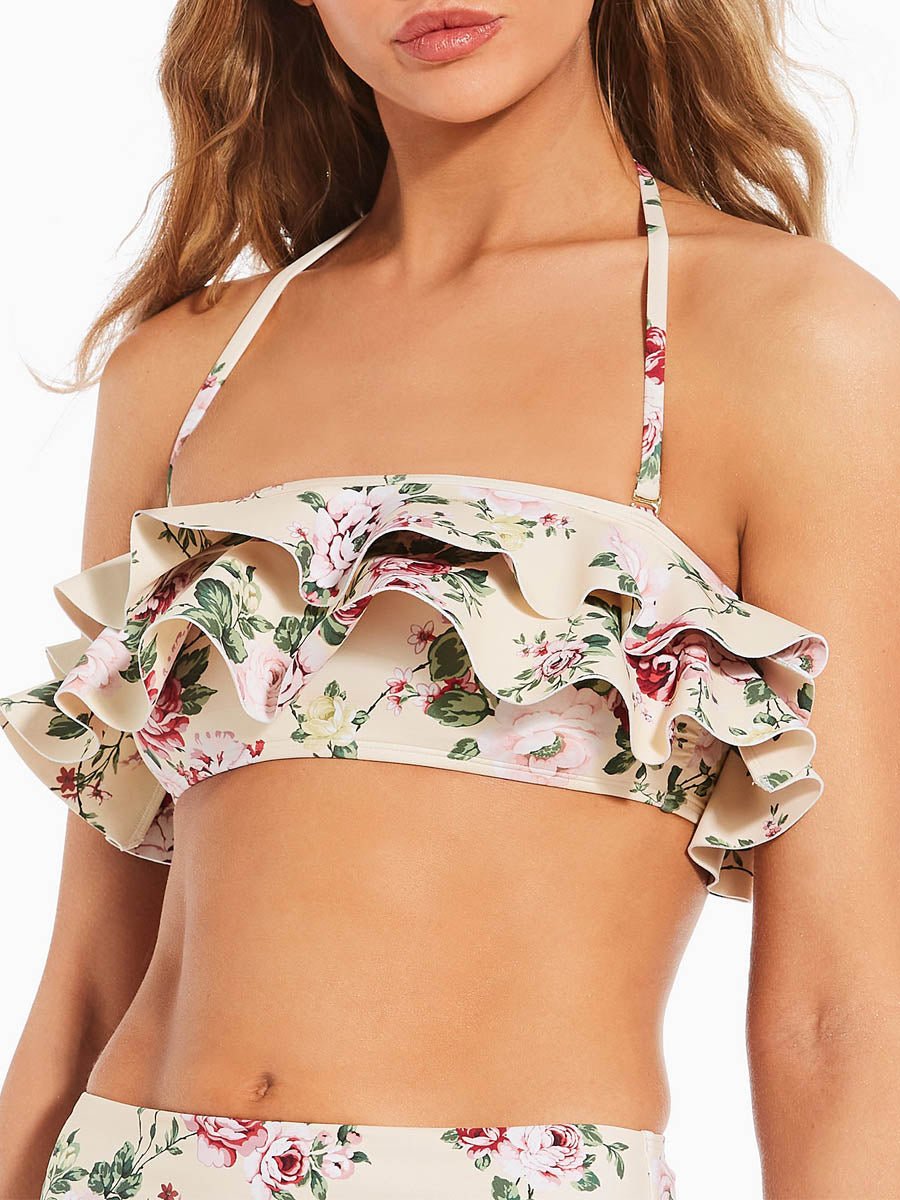 Floral Print Ruffle Bandeau Swim Top & High Waisted Swim Bottom - laseze