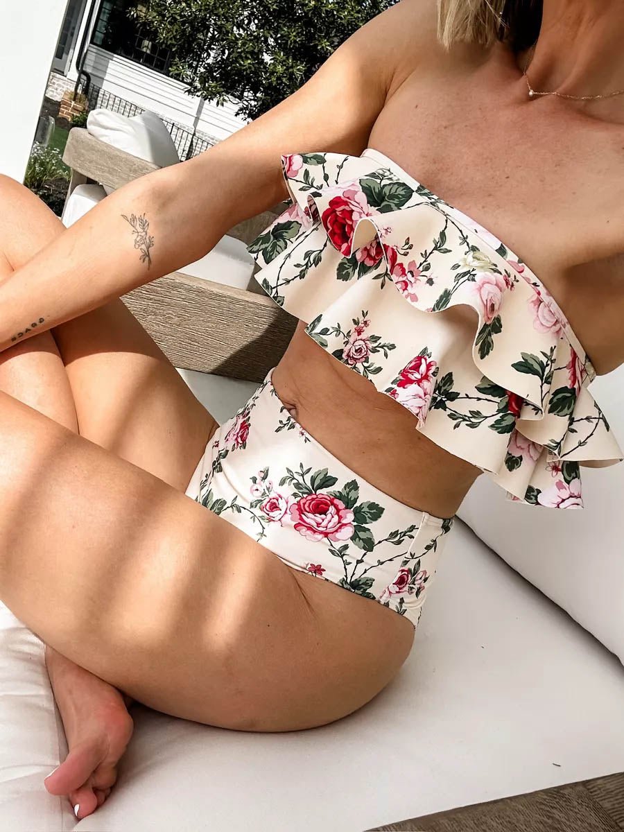 Floral Print Ruffle Bandeau Swim Top & High Waisted Swim Bottom - laseze