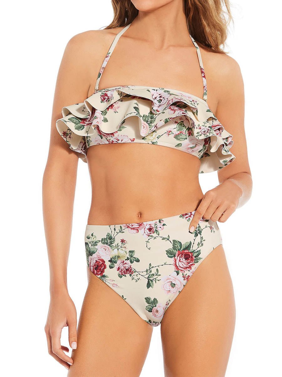 Floral Print Ruffle Bandeau Swim Top & High Waisted Swim Bottom - laseze