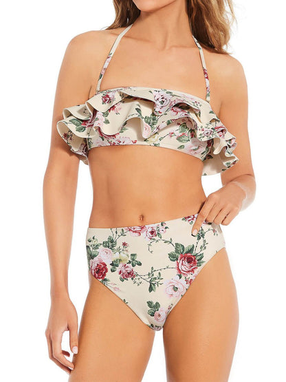 Floral Print Ruffle Bandeau Swim Top & High Waisted Swim Bottom - laseze