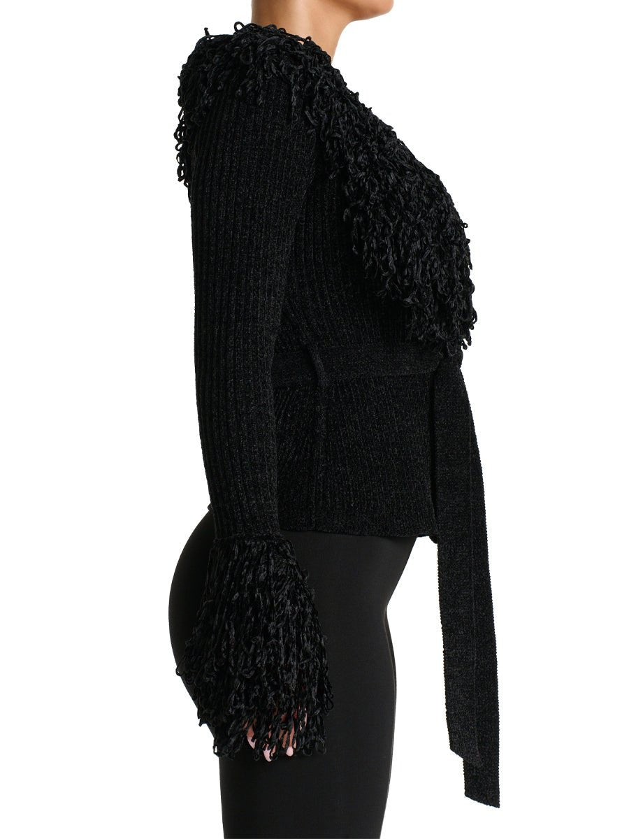 Fringe Tie Waist Deep V Neck Cardigan - laseze