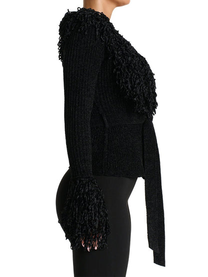 Fringe Tie Waist Deep V Neck Cardigan - laseze
