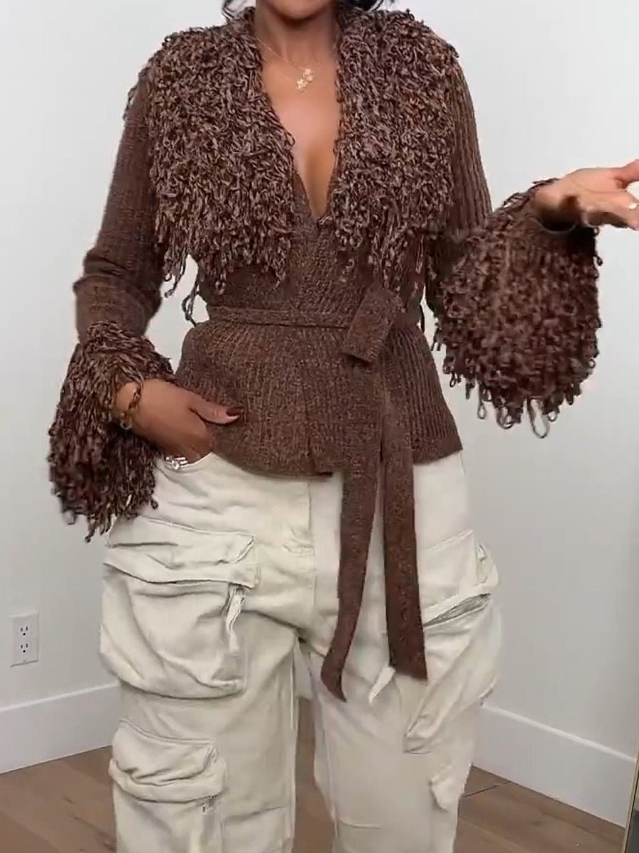 Fringe Tie Waist Deep V Neck Cardigan - laseze