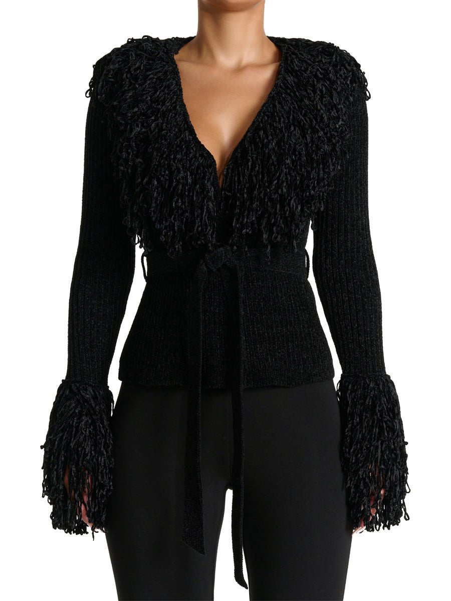 Fringe Tie Waist Deep V Neck Cardigan - laseze