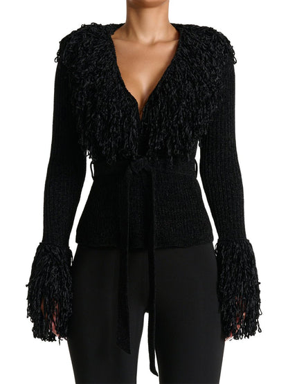 Fringe Tie Waist Deep V Neck Cardigan - laseze