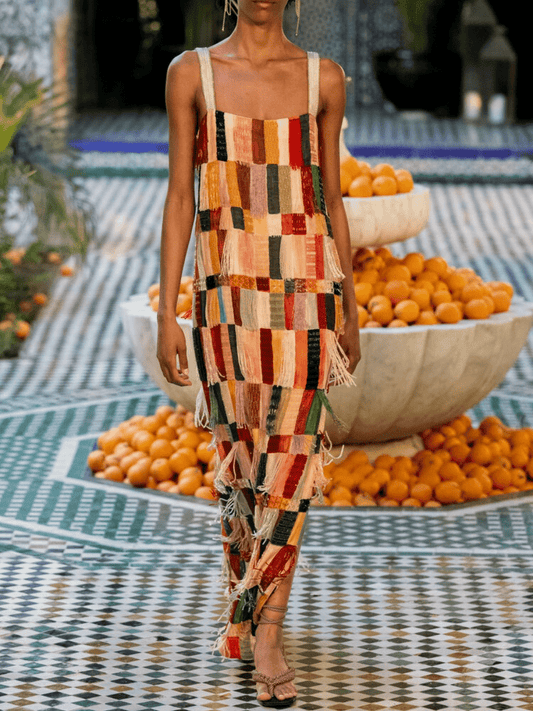 Fringed Embellished Silk Midi Dress - laseze