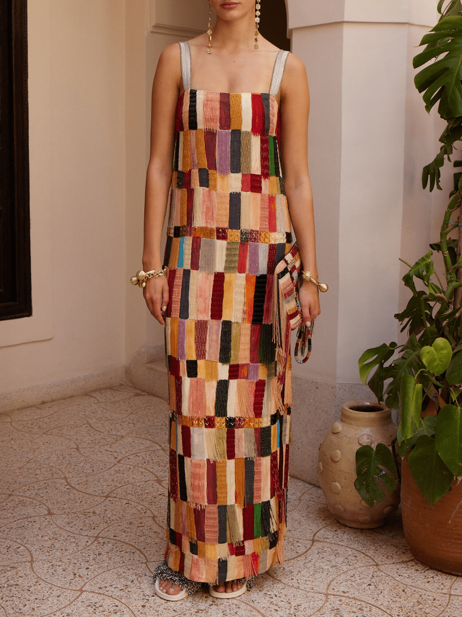 Fringed Embellished Silk Midi Dress - laseze