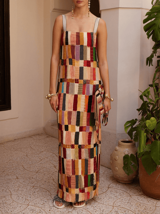 Fringed Embellished Silk Midi Dress - laseze