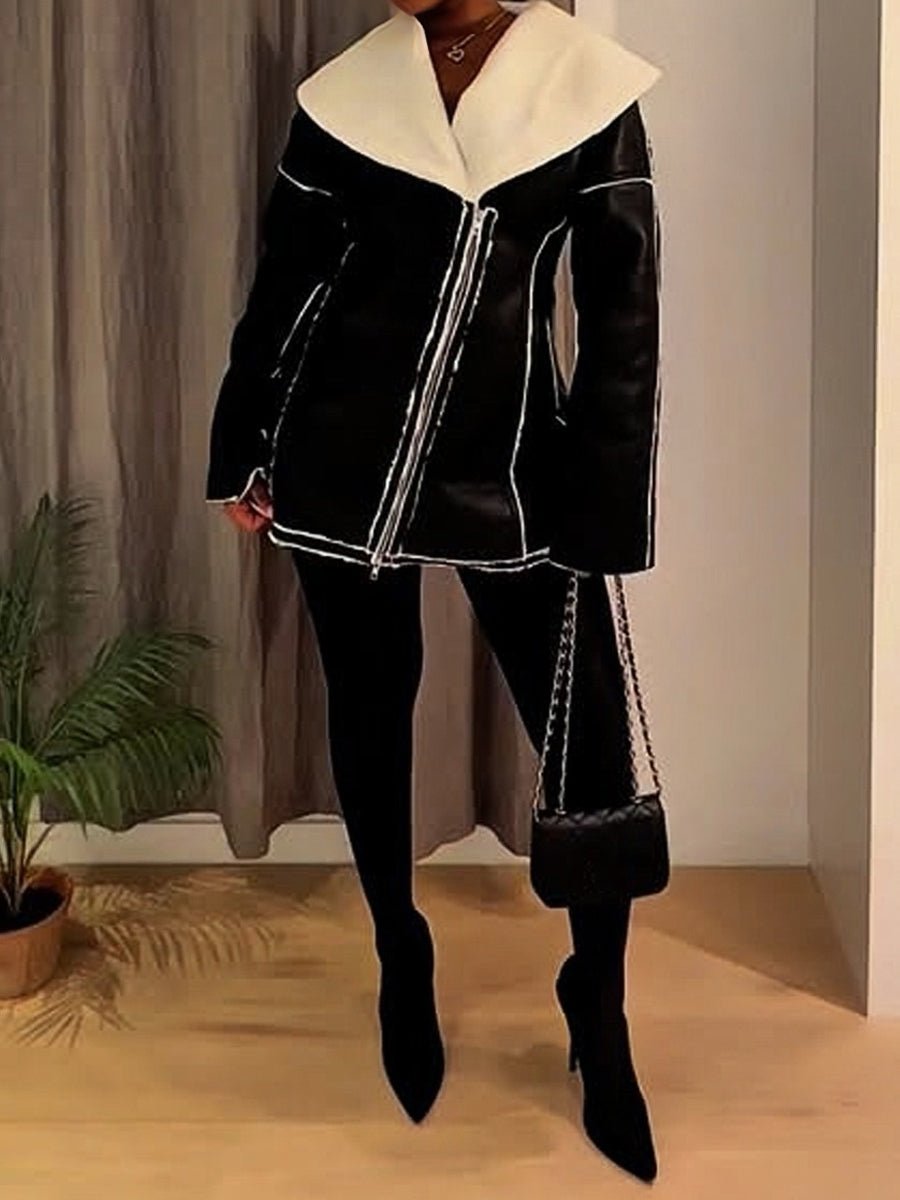 Fur Lapel Zipper Pockets Jacket - laseze