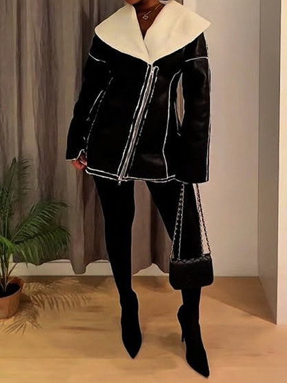 Fur Lapel Zipper Pockets Jacket - laseze