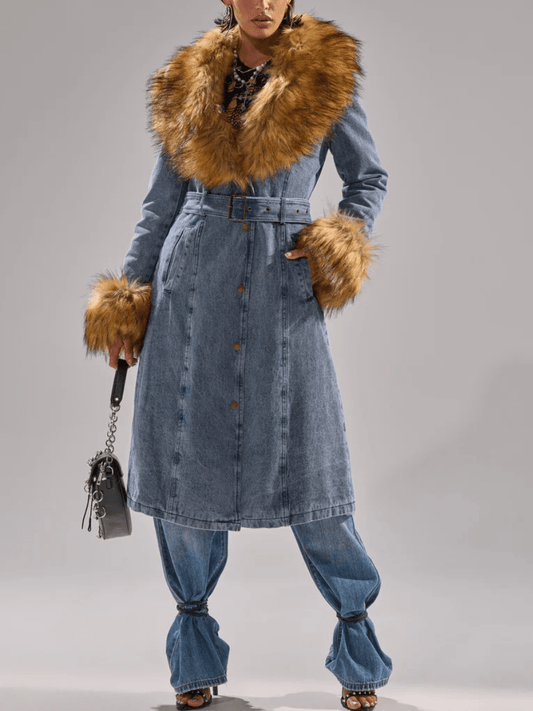 Fur-Trimmed Denim Coat laseze