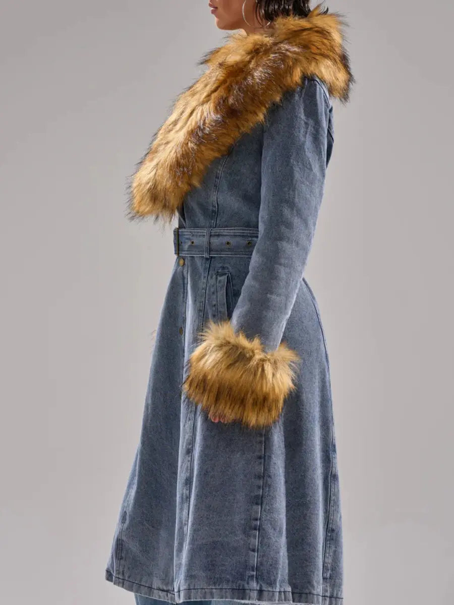 Fur-Trimmed Denim Coat laseze