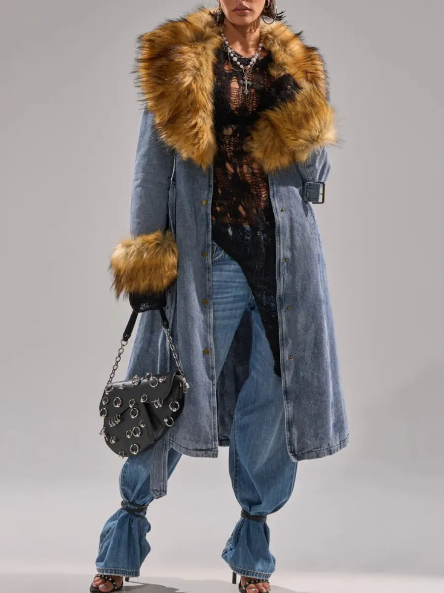 Fur-Trimmed Denim Coat laseze