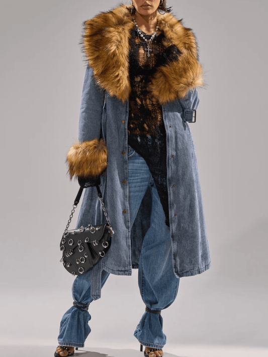 Fur-Trimmed Denim Coat laseze