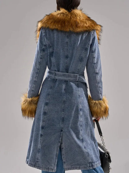 Fur-Trimmed Denim Coat laseze
