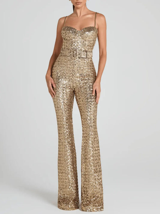 Gold All - Over Sequin Belted Flare - Leg Jumpsuit - laseze