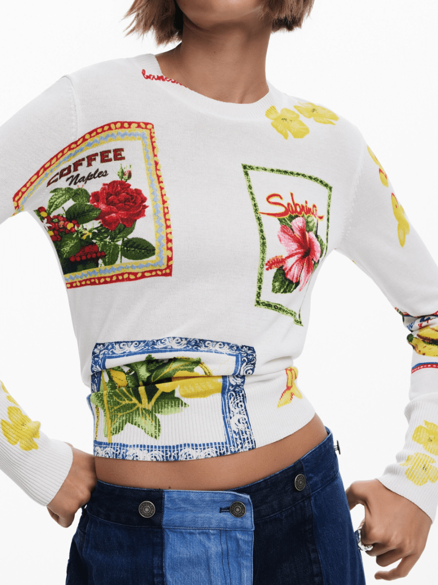Graphic Postcard Print Knit Top - laseze