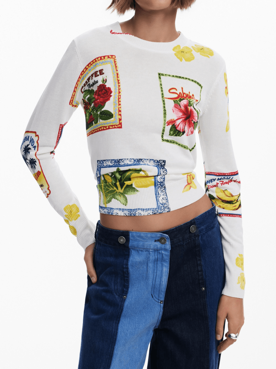 Graphic Postcard Print Knit Top - laseze