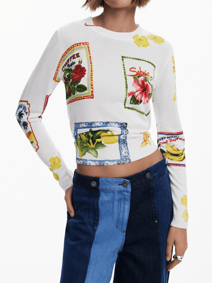 Graphic Postcard Print Knit Top - laseze