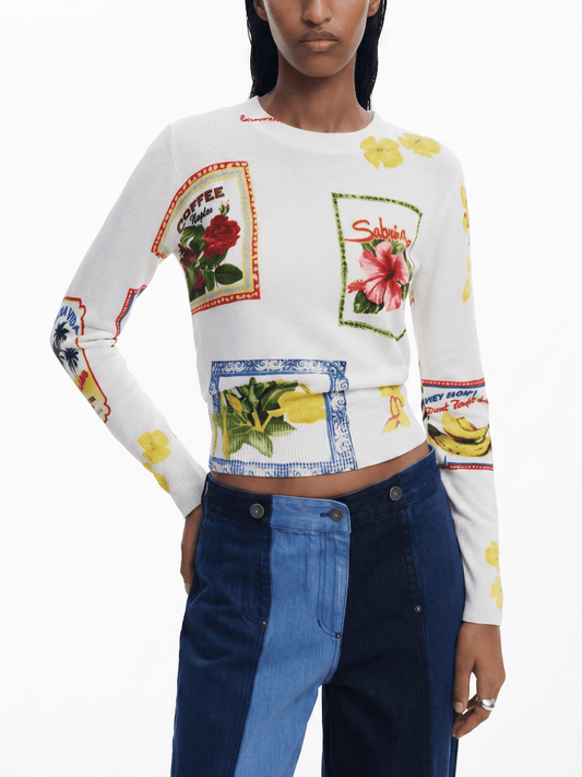 Graphic Postcard Print Knit Top - laseze