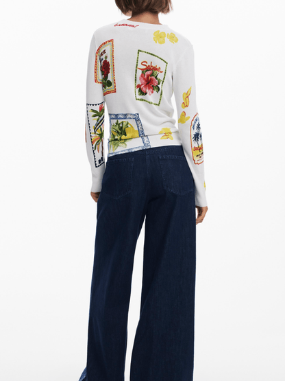 Graphic Postcard Print Knit Top - laseze