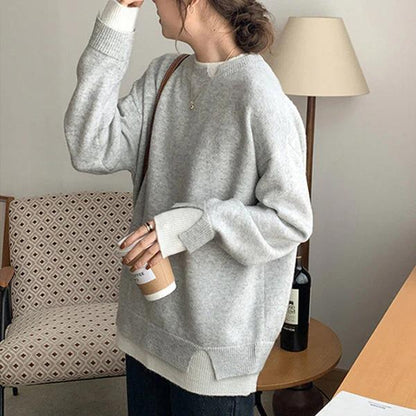 Gray and White Oversized Cut - Out Long Sleeve Twofer Sweater - laseze