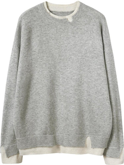 Gray and White Oversized Cut - Out Long Sleeve Twofer Sweater - laseze